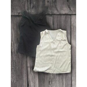 Sz SM Black/Light Grey Satin V-Neck Plicated Shoulder Sleeveless Blouse Bundle